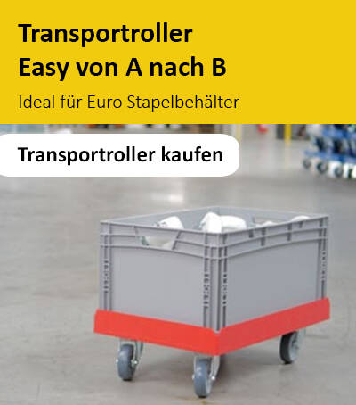 Transportroller mit rotem Kunststffboden und augesetztem Euro Stapelbehälter in grau