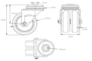 Lenkrolle mit Rückenloch 75 mm  Thermoplastisches Gummi "Doppelrolle"