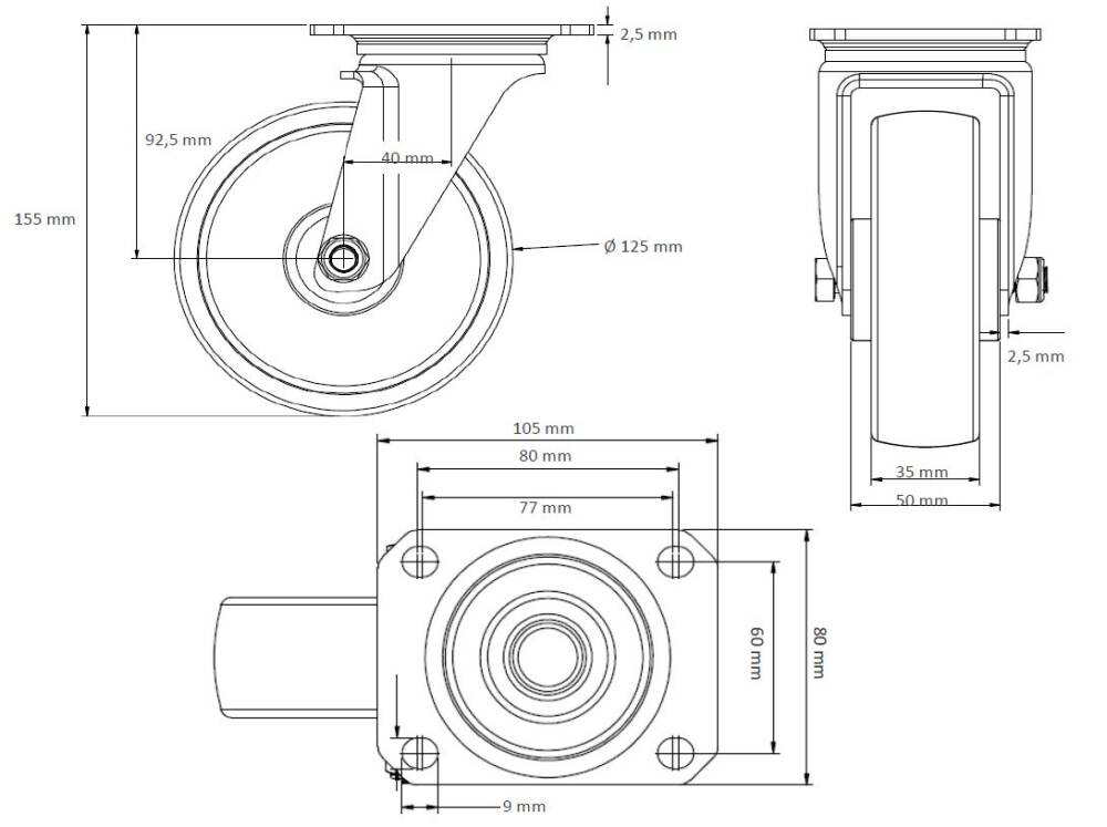 ESD-Lenkrolle 125 mm Thermoplastisches Gummi Sternfelge
