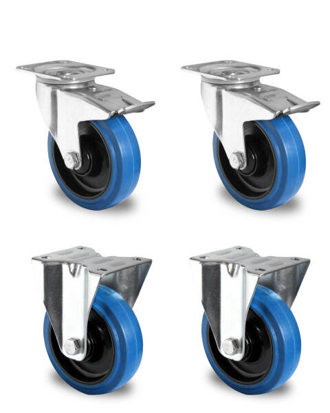 Rollensatz 2 Lenkrollen mit Feststeller + 2 Bockrollen 160 mm Elastik "Blue Wheels"