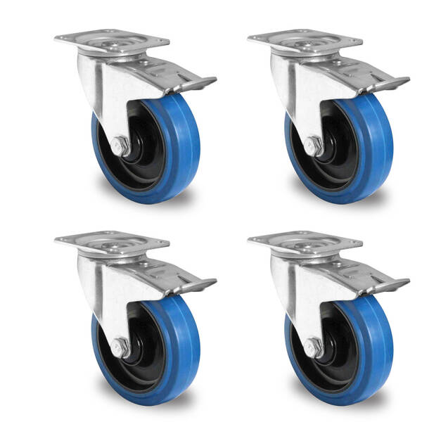Rollensatz 4 Lenkrollen mit Feststeller 80 mm Elastik "Blue Wheels"
