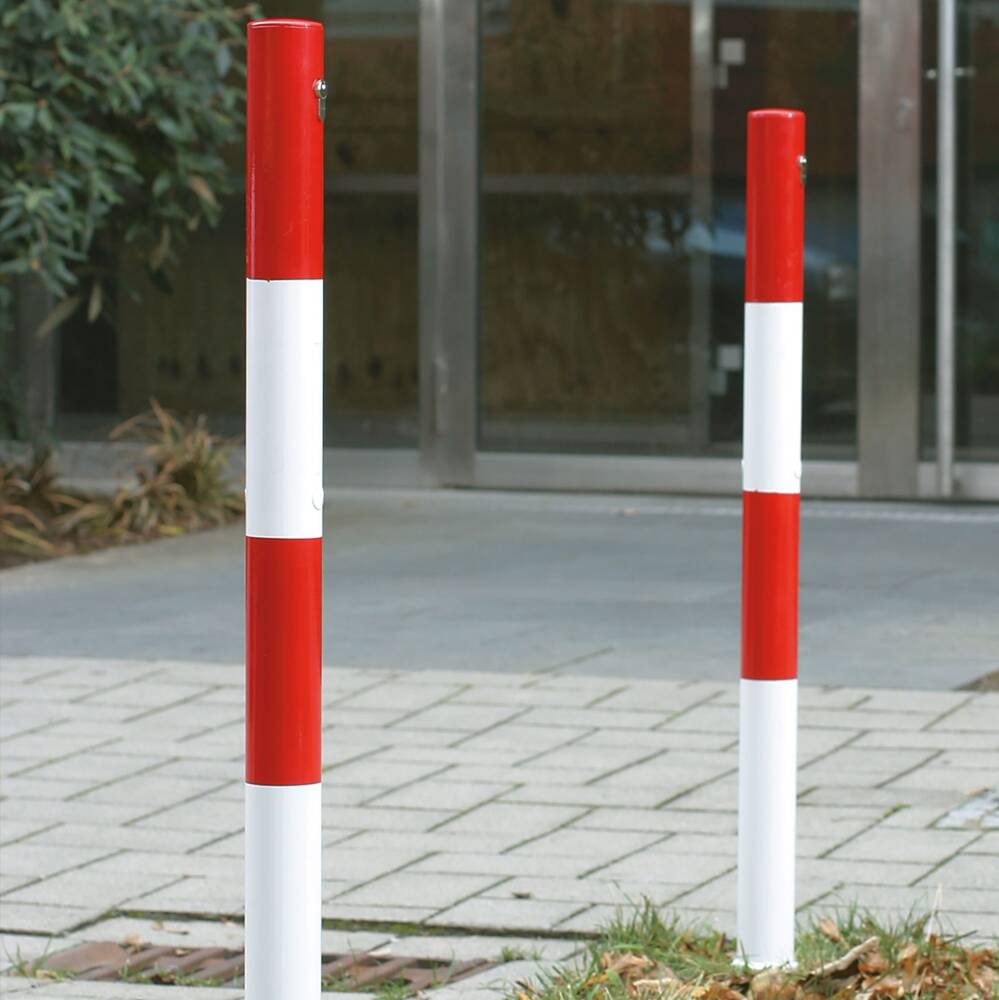 Absperrpfosten rot/weiß herausnehmbar zwei Ösen Rundrohr 76 mm mit Zylinderschloss