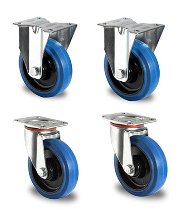 Set 125 mm Blue Wheels Elastik Rollen als Lenkrolle 2L+2LDS Transportrollen 