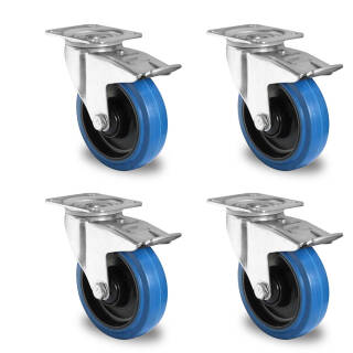 Rollensatz 4 Lenkrollen mit Feststeller 100 mm Elastik "Blue Wheels"